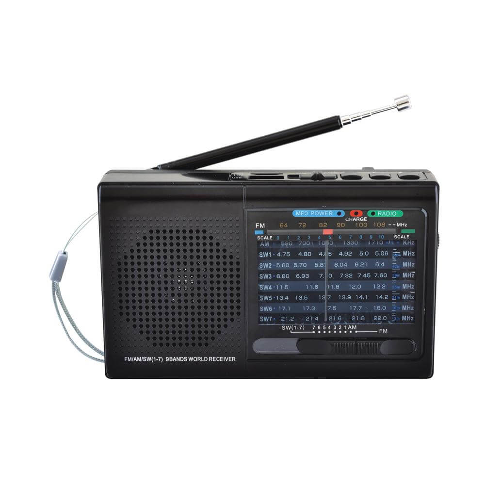 9 Band Radio with Bluetooth in black, showcasing its compact design and multiple features including USB and Micro SD slots.