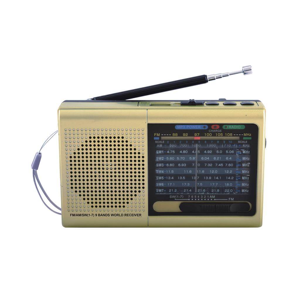 9 Band Radio with Bluetooth in black, showcasing its compact design and multiple features including USB and Micro SD slots.