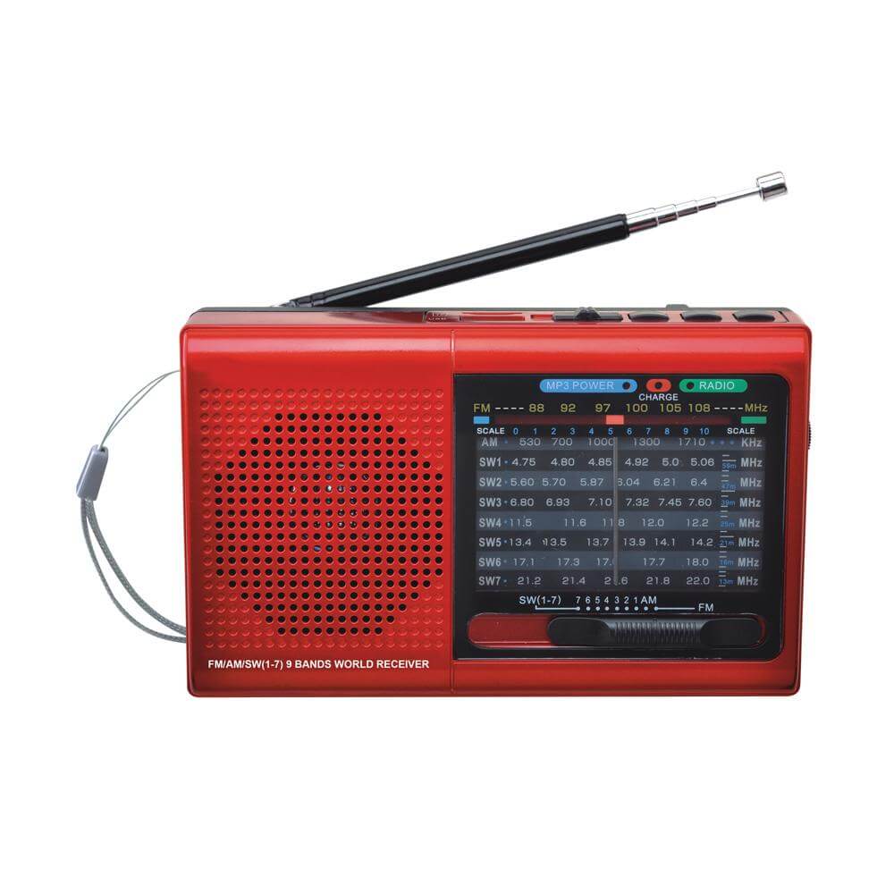 9 Band Radio with Bluetooth in black, showcasing its compact design and multiple features including USB and Micro SD slots.