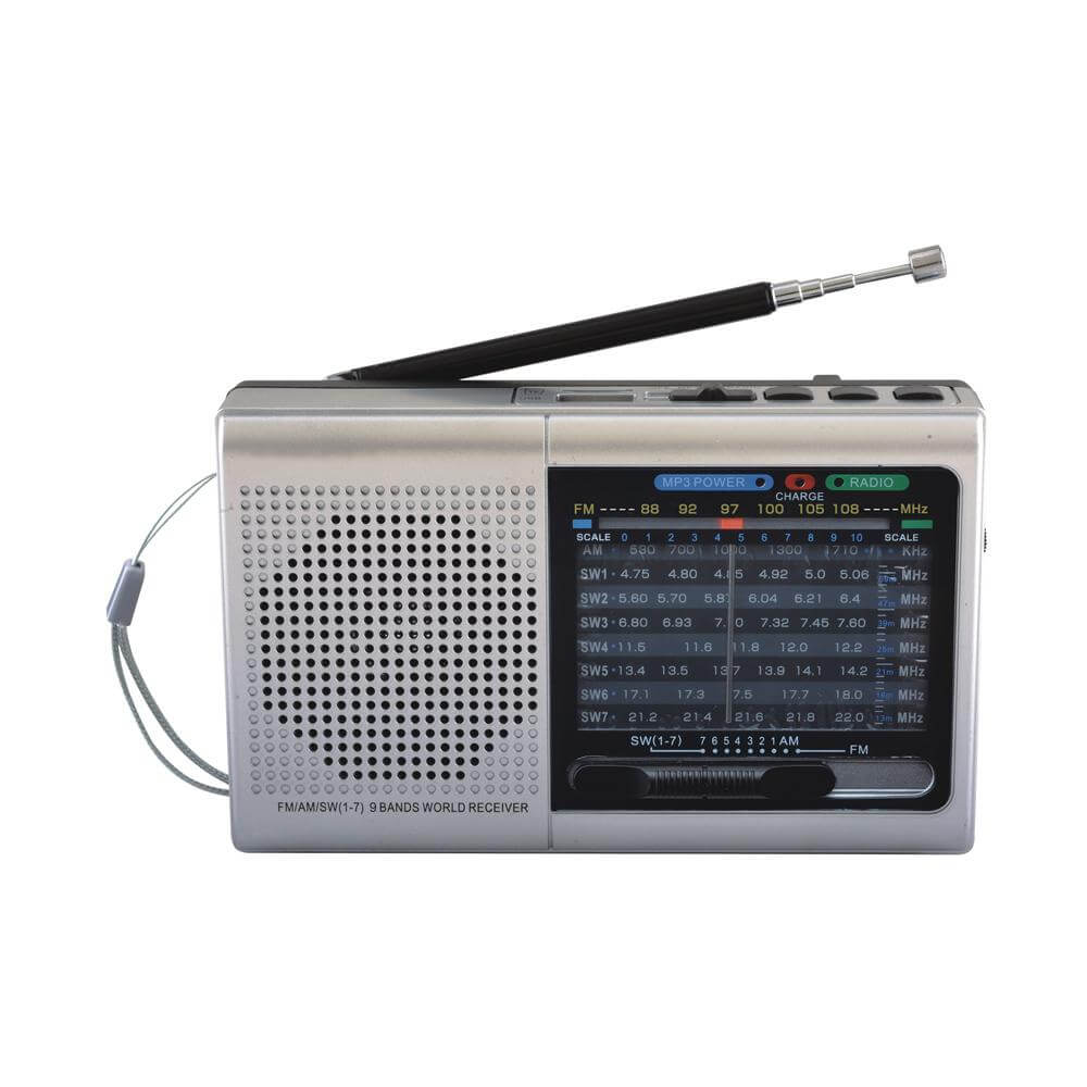 9 Band Radio with Bluetooth in black, showcasing its compact design and multiple features including USB and Micro SD slots.