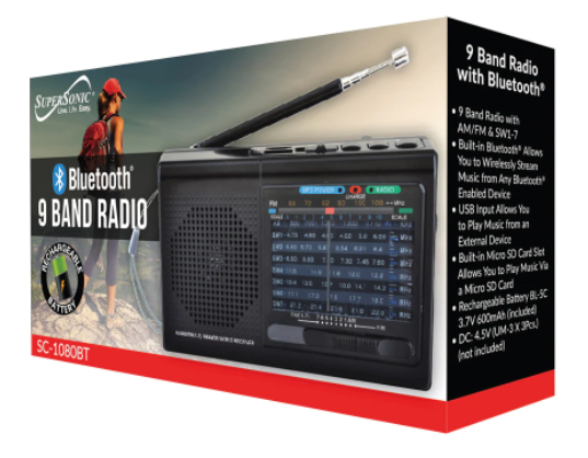 9 Band Radio with Bluetooth in black, showcasing its compact design and multiple features including USB and Micro SD slots.