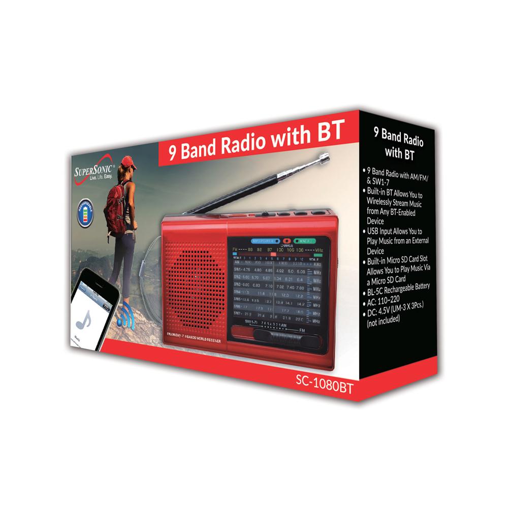 9 Band Radio with Bluetooth in black, showcasing its compact design and multiple features including USB and Micro SD slots.