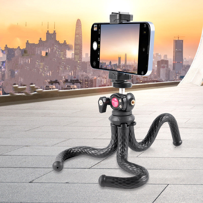 Black Octopus Mobile Phone Clip Gimbal Tripod Set featuring a sturdy tripod and mobile phone clip, designed for stability and ease of use.