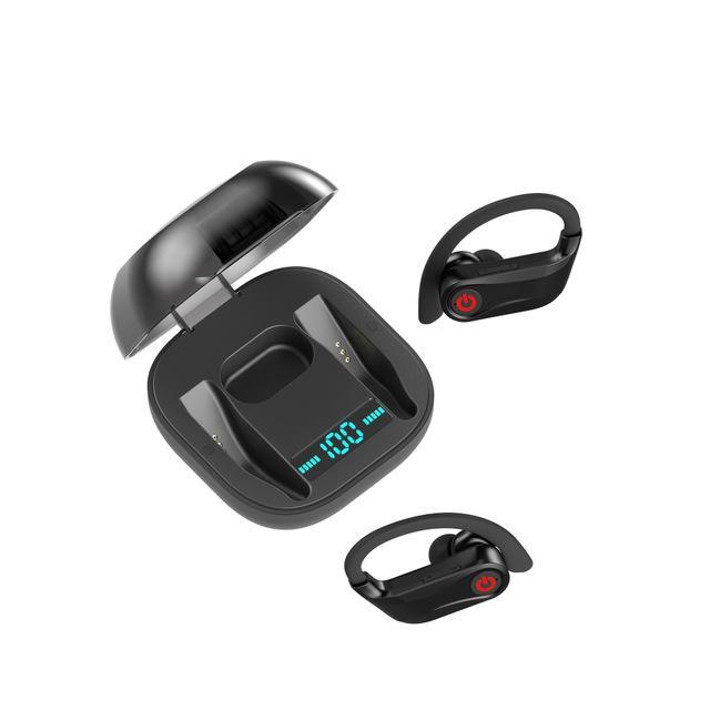 Black Wireless TWS Bluetooth Headset with charging case and accessories, showcasing sleek design and modern technology.