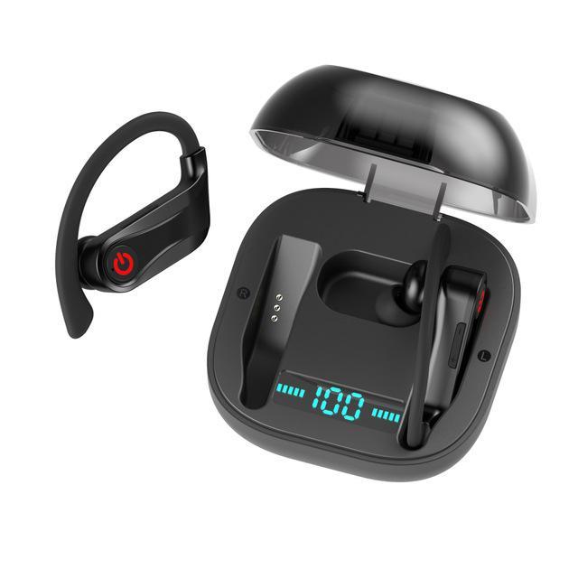 Black Wireless TWS Bluetooth Headset with charging case and accessories, showcasing sleek design and modern technology.