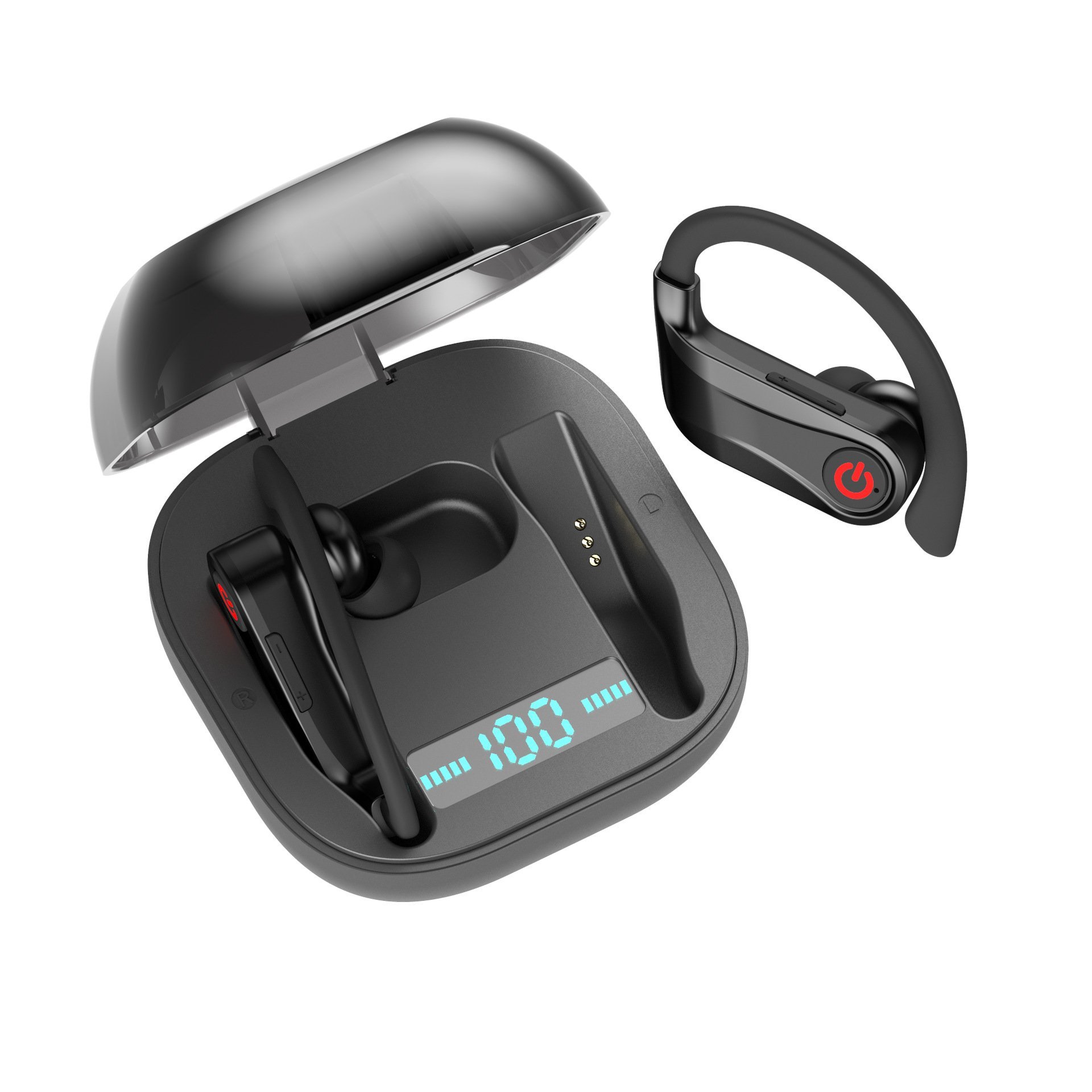 Black Wireless TWS Bluetooth Headset with charging case and accessories, showcasing sleek design and modern technology.