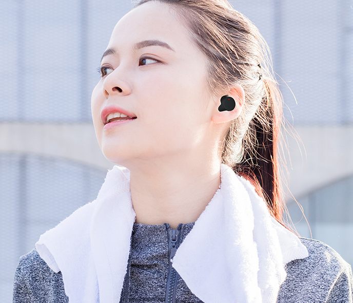 Bluetooth Headset Dual Ear Stereo with touch control, charging case, and waterproof design, showcasing sleek and modern aesthetics.