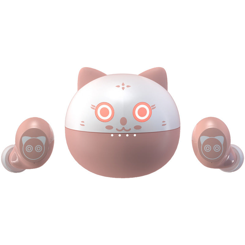 Cute pink Bluetooth headset with a mini design, perfect for music and calls, featuring a battery display and comfortable earplug style.