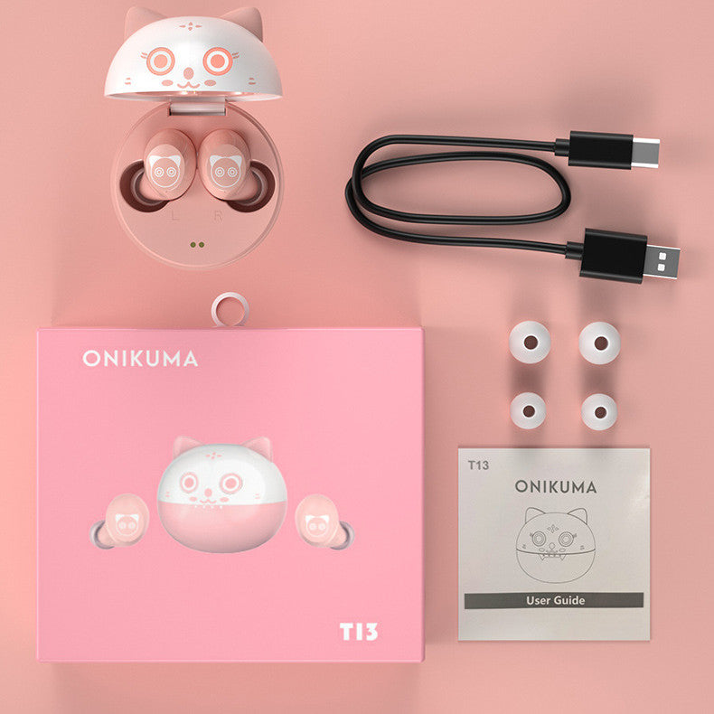 Cute pink Bluetooth headset with a mini design, perfect for music and calls, featuring a battery display and comfortable earplug style.