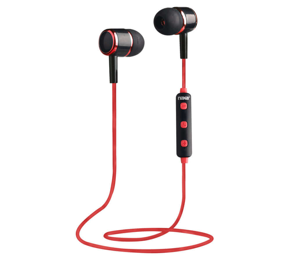 Naxa Bluetooth Isolation Earbuds in vibrant red color with microphone and remote control features, showcasing their sleek design and comfortable fit.