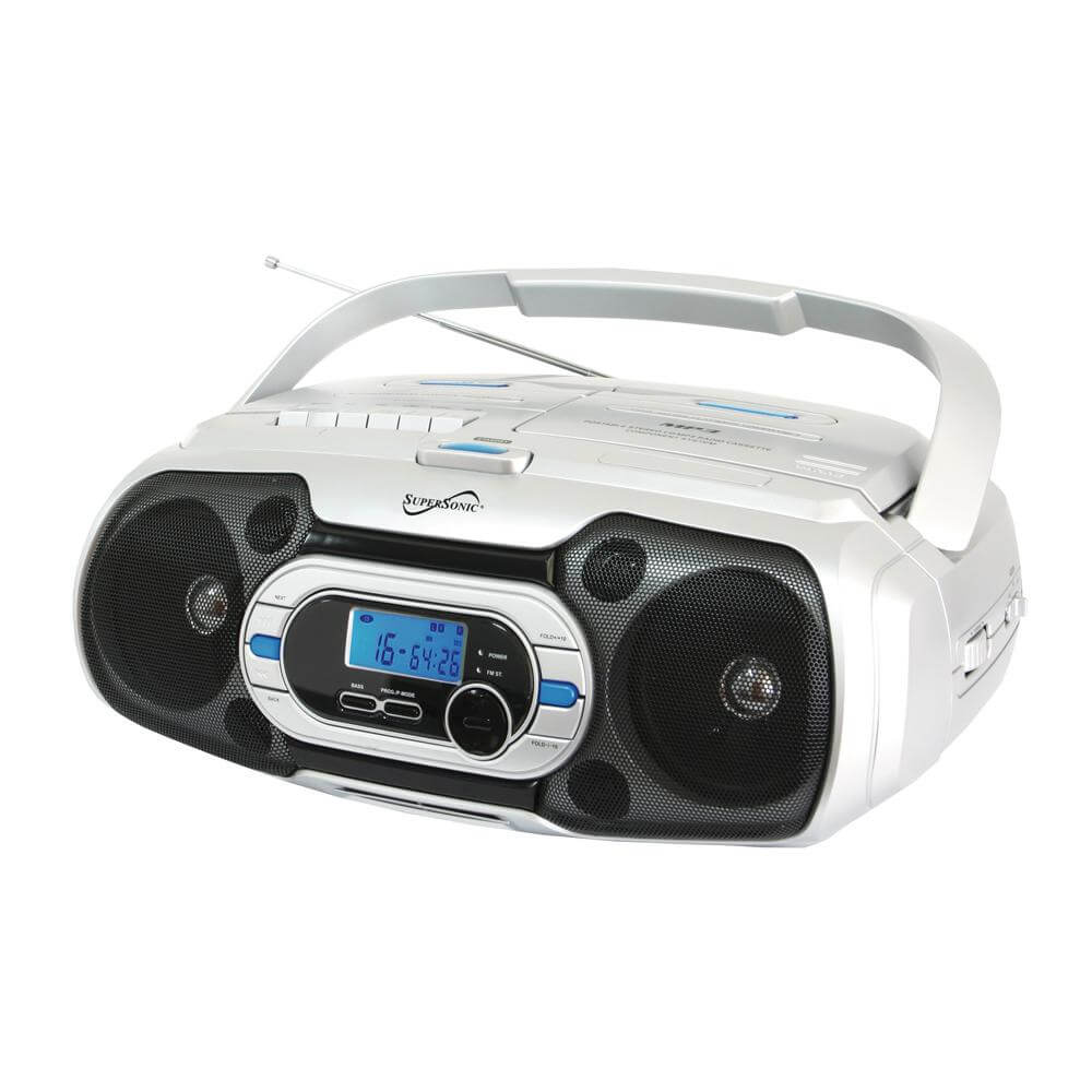 Bluetooth Portable Audio System with top loading MP3/CD player and dynamic speakers, showcasing its sleek design and connectivity options.