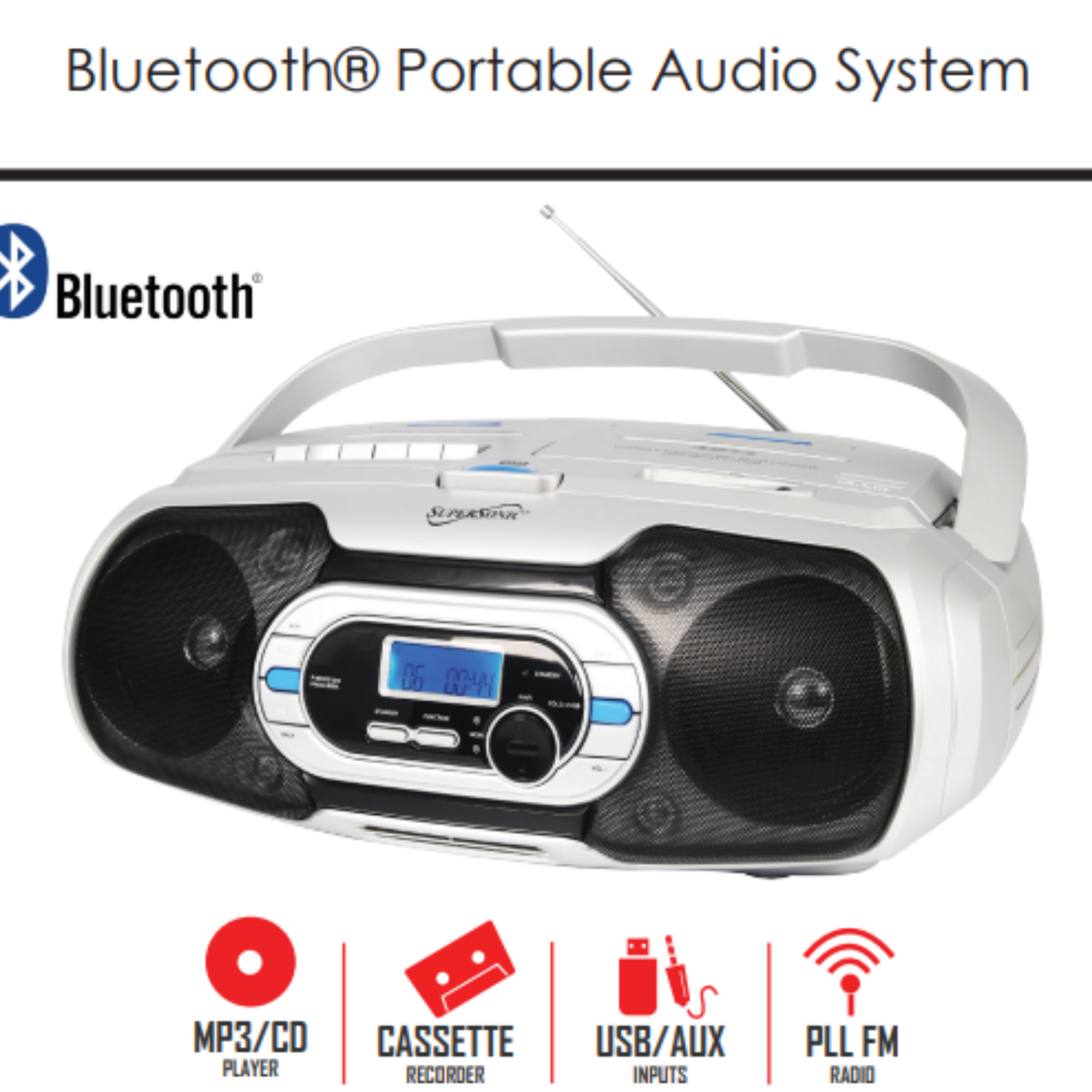 Bluetooth Portable Audio System with top loading MP3/CD player and dynamic speakers, showcasing its sleek design and connectivity options.