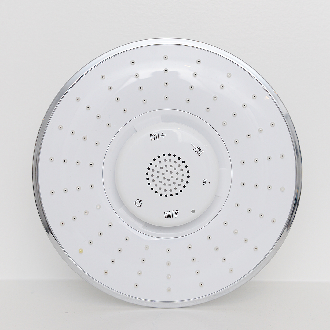 Bluetooth Speaker Shower Head with detachable touchscreen speaker, showcasing modern design and functionality.