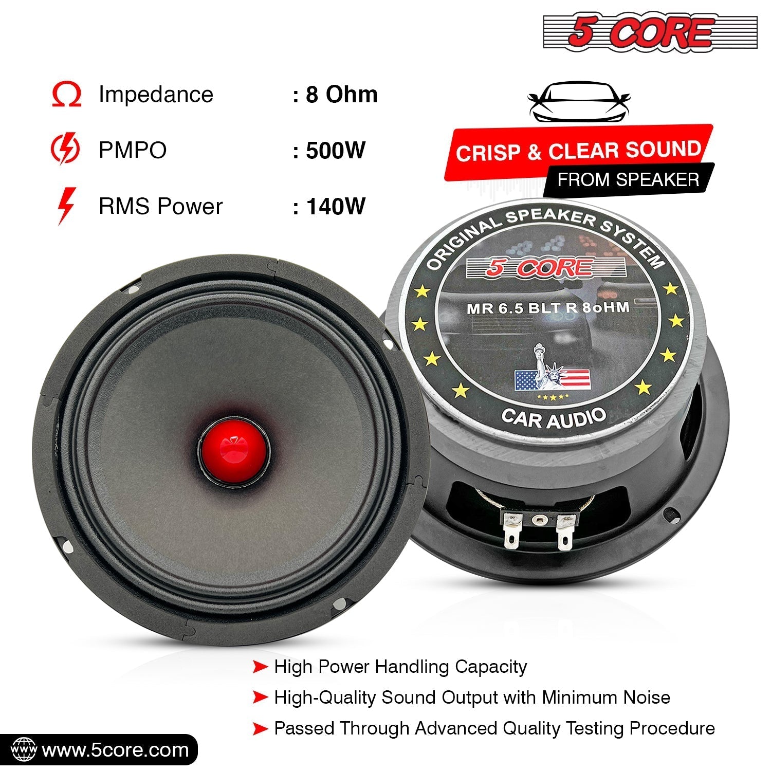 5 Core 6.5-inch subwoofer speaker with a 30 oz magnet, designed for powerful audio performance in vehicles.