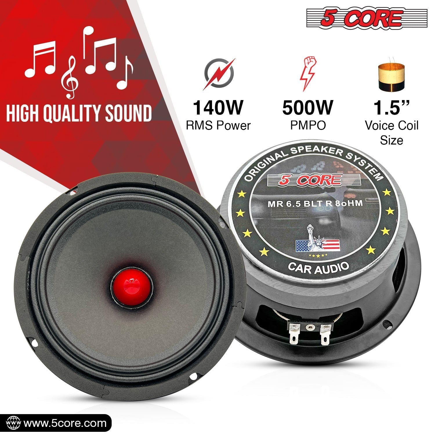 5 Core 6.5-inch subwoofer speaker with a 30 oz magnet, designed for powerful audio performance in vehicles.