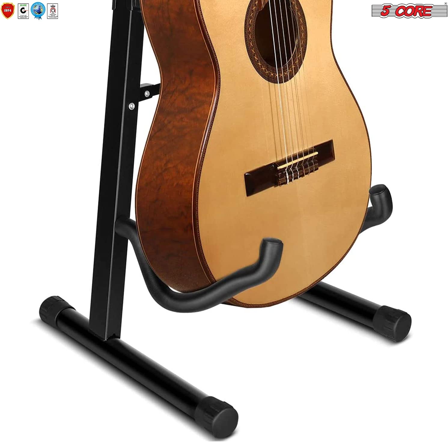 5 Core Folding A-Frame Guitar Stand showcasing its adjustable design and sturdy construction, suitable for various guitar types.