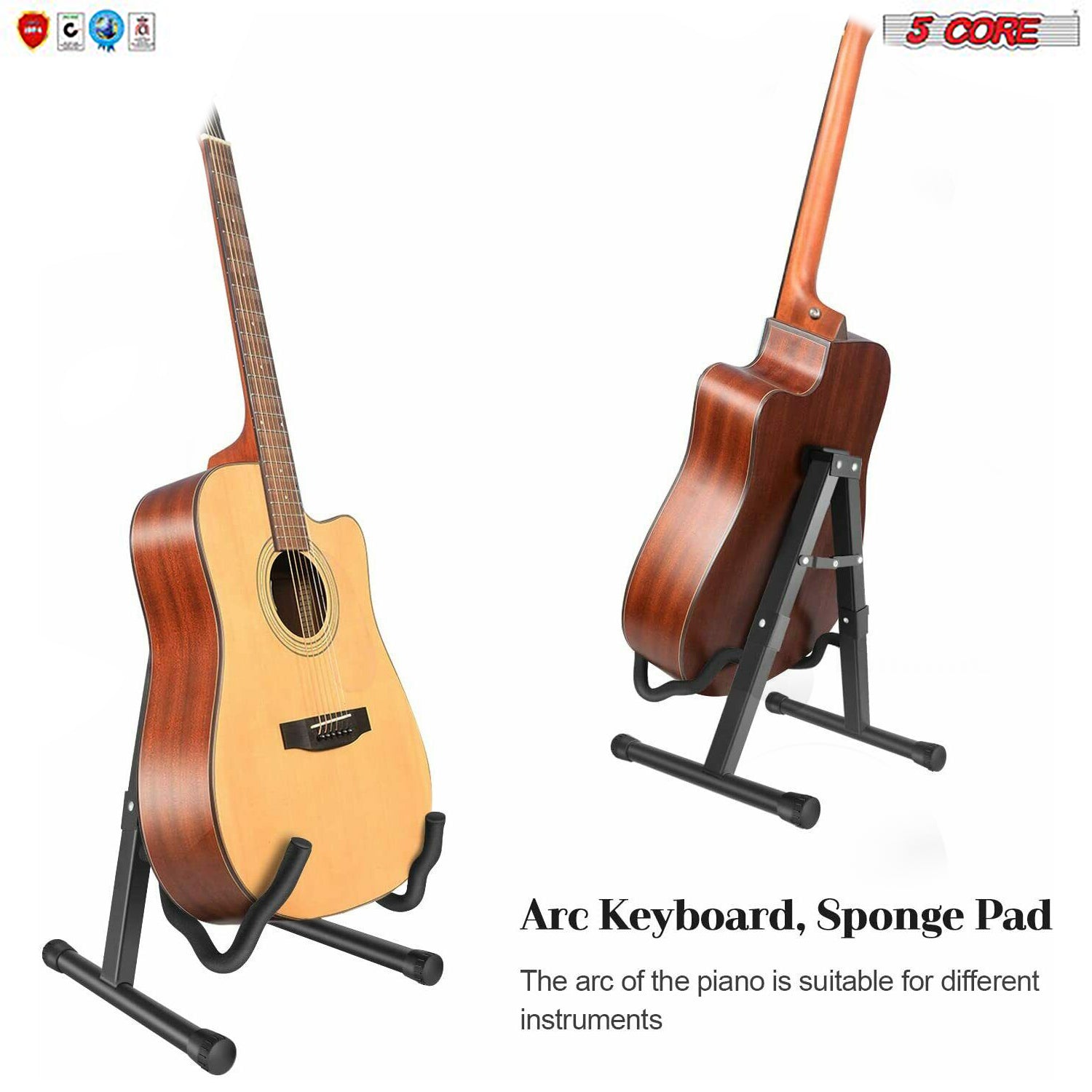 5 Core Folding A-Frame Guitar Stand showcasing its adjustable design and sturdy construction, suitable for various guitar types.