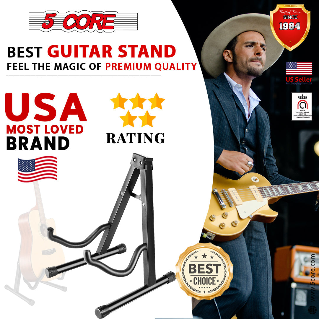 5 Core Folding A-Frame Guitar Stand showcasing its adjustable design and sturdy construction, suitable for various guitar types.