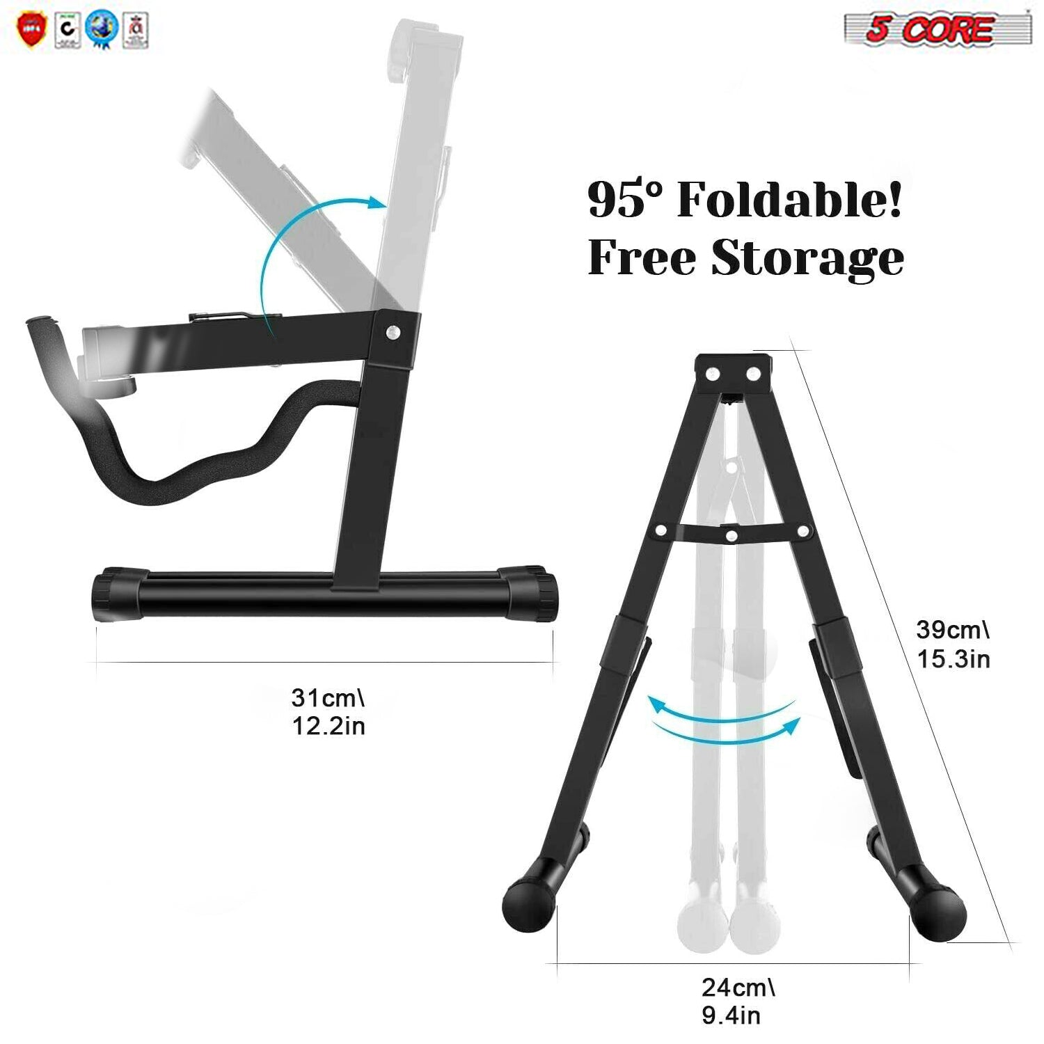 5 Core Folding A-Frame Guitar Stand showcasing its adjustable design and sturdy construction, suitable for various guitar types.