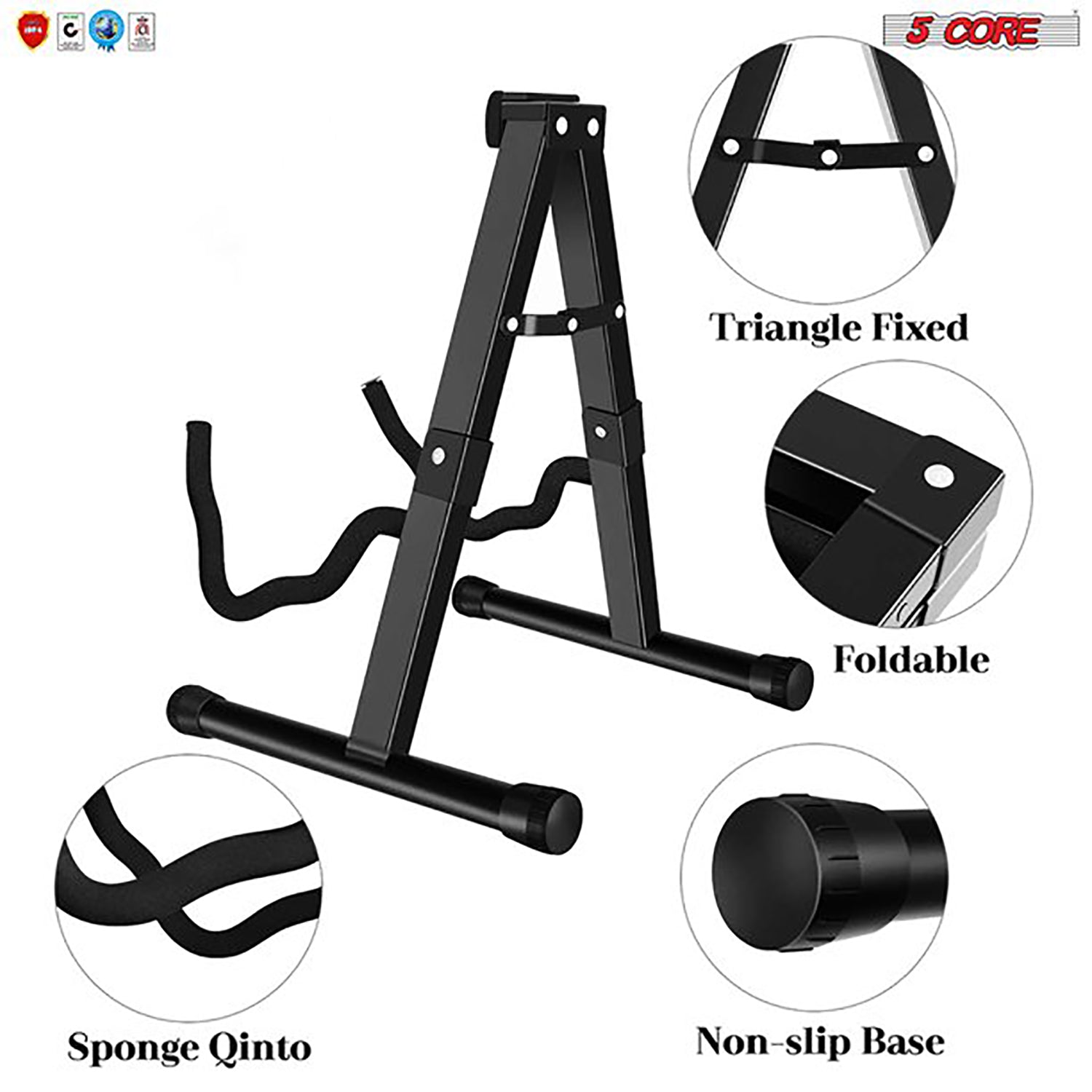 5 Core Folding A-Frame Guitar Stand showcasing its adjustable design and sturdy construction, suitable for various guitar types.