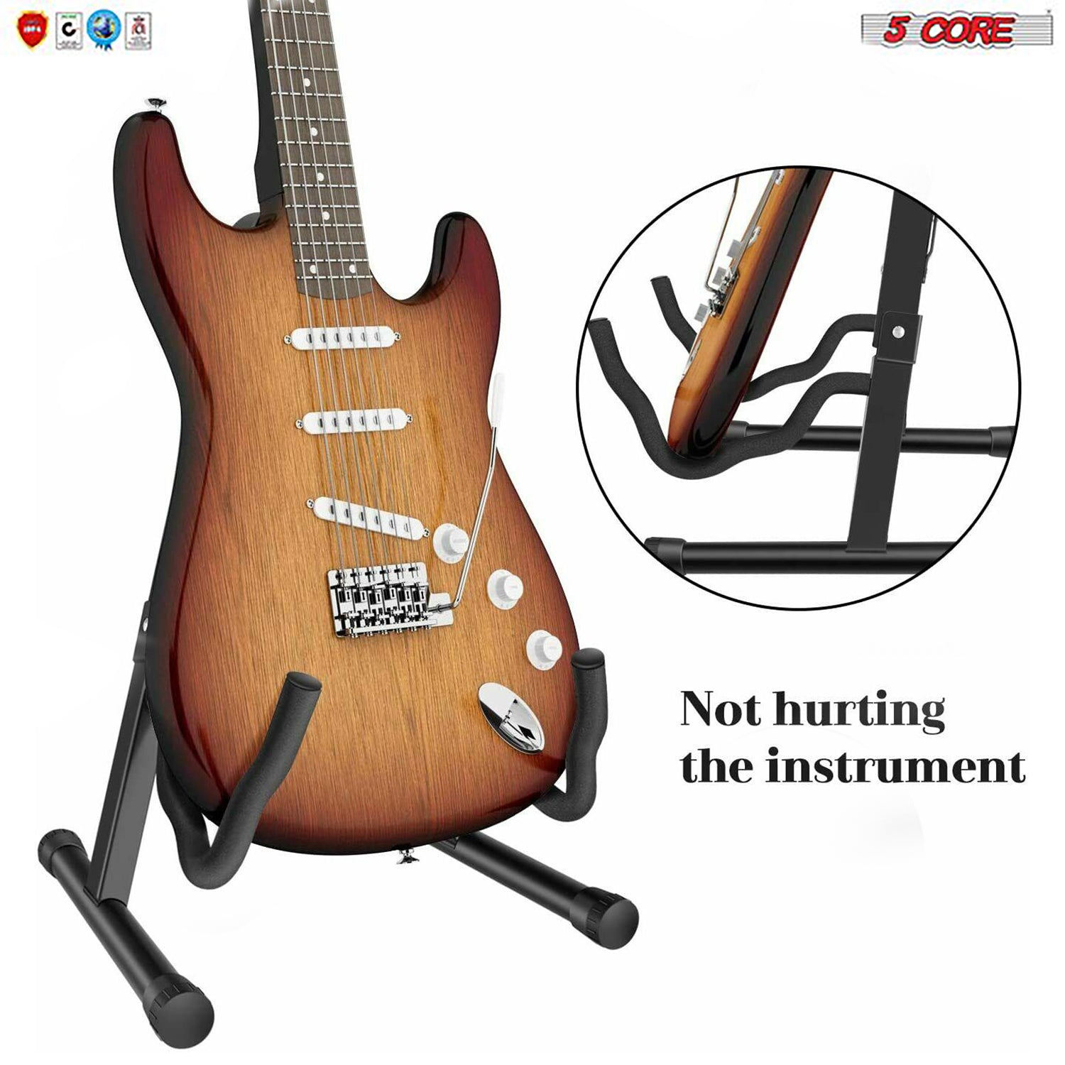 5 Core Folding A-Frame Guitar Stand showcasing its adjustable design and sturdy construction, suitable for various guitar types.