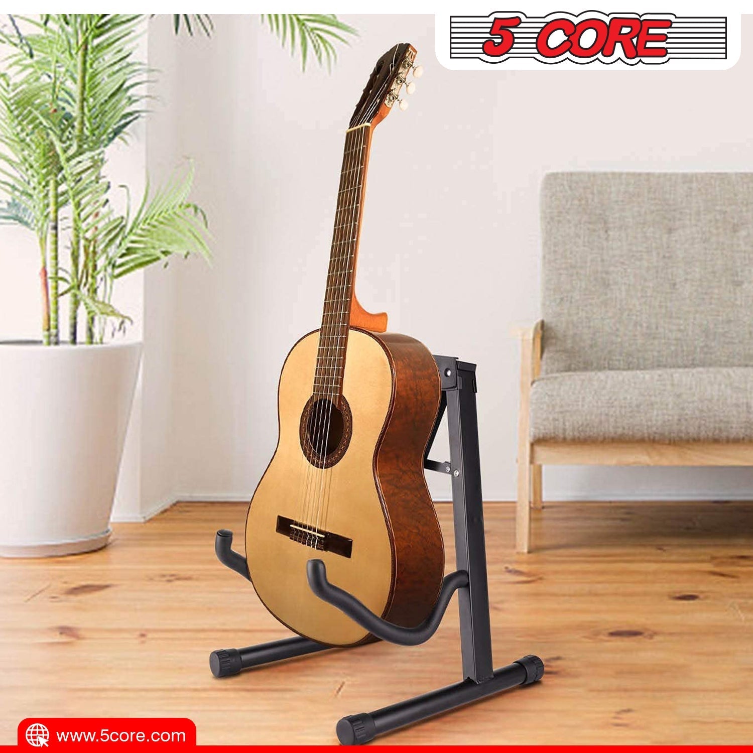 5 Core Folding A-Frame Guitar Stand showcasing its adjustable design and sturdy construction, suitable for various guitar types.