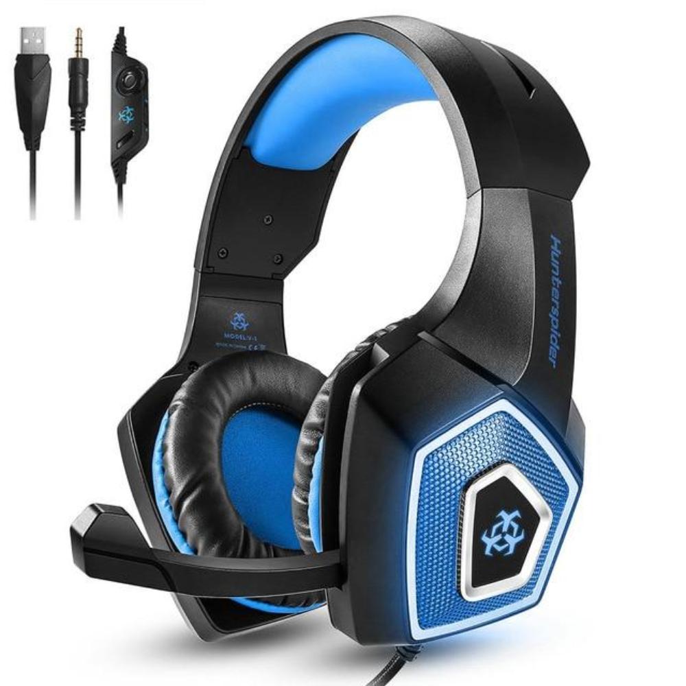 Dragon Stereo LED Gaming Headset in blue and red with a flexible design and retractable microphone, showcasing vibrant LED lights.