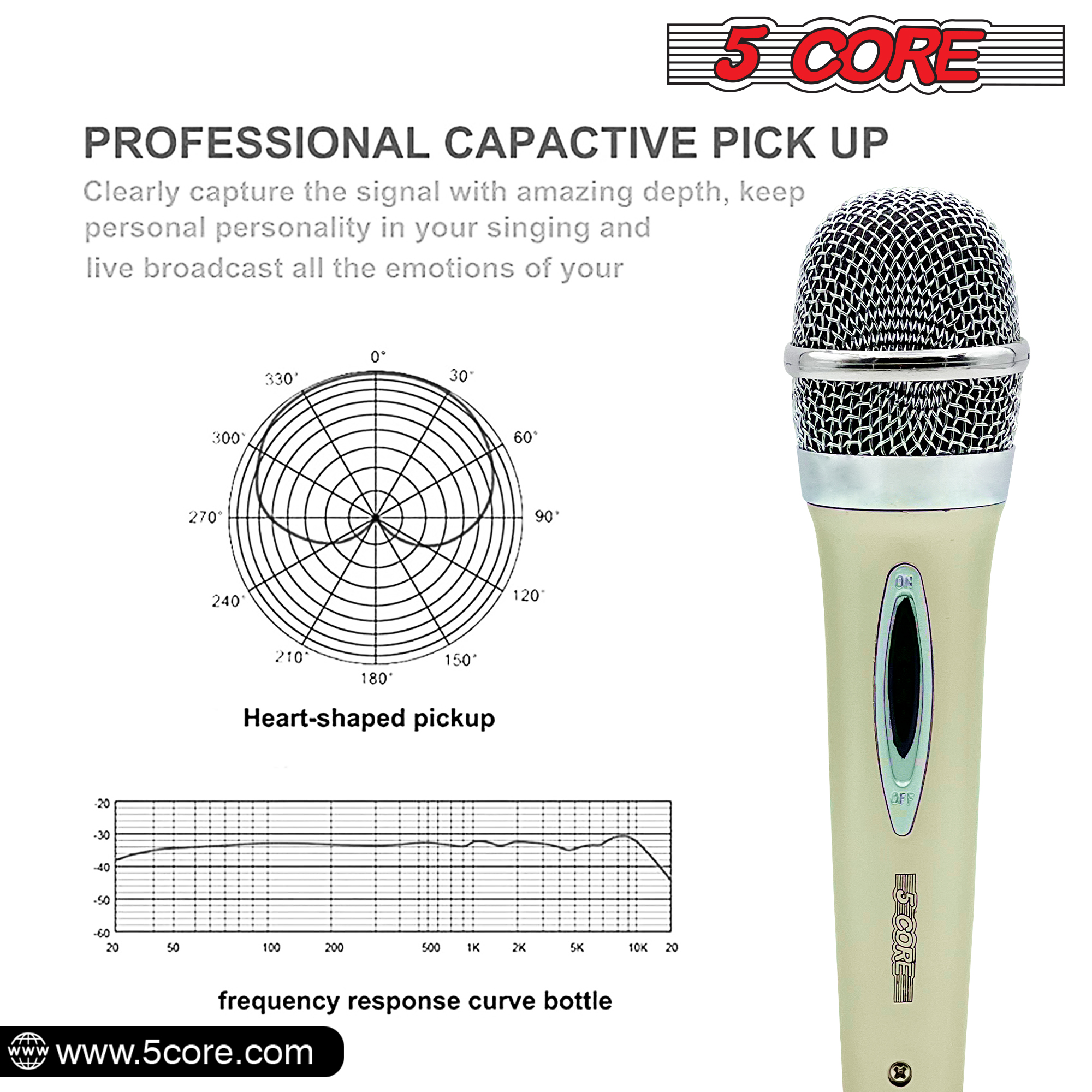 Dynamic microphone with a 3-pin XLR connector and a 12ft cable, designed for live performances and studio recordings.