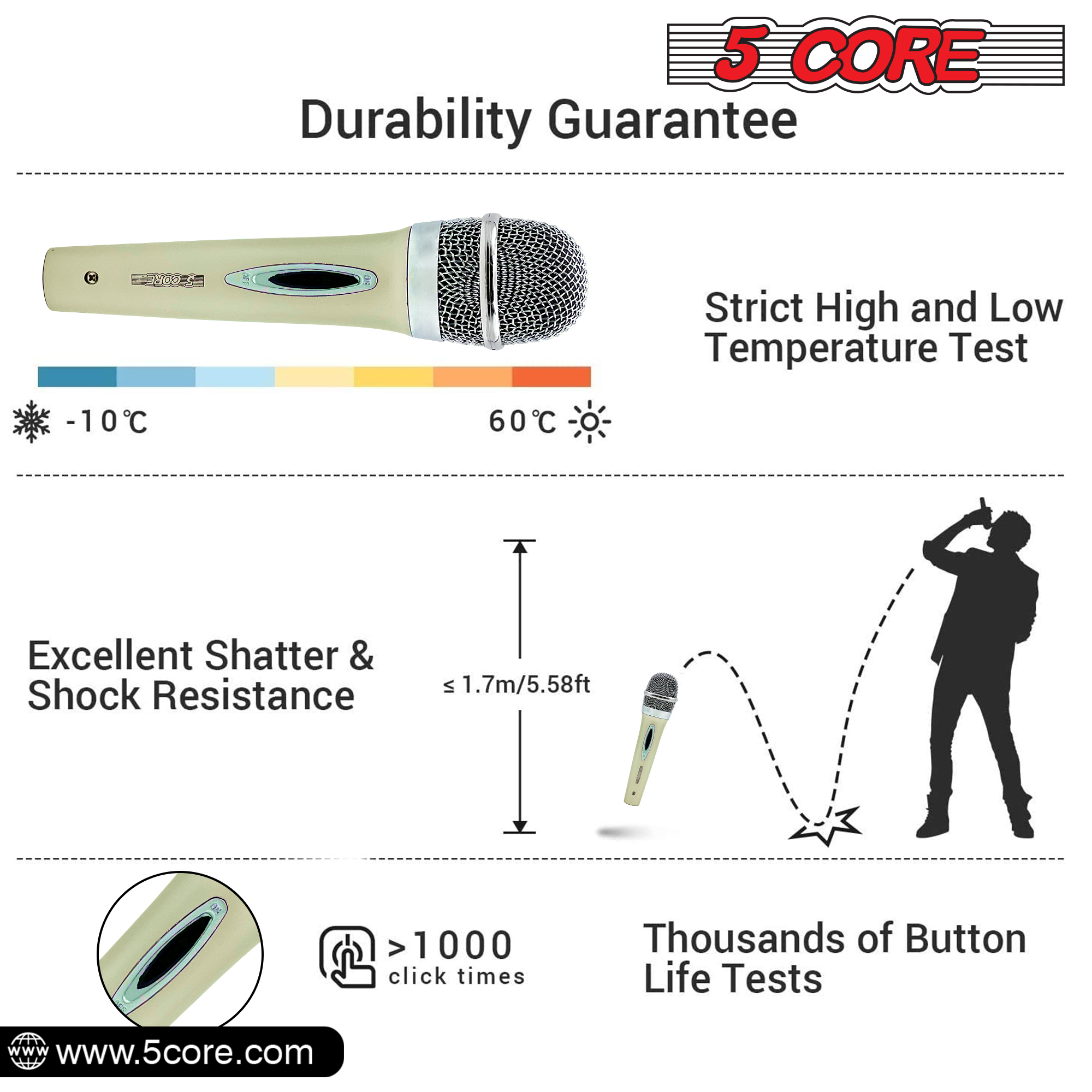 Dynamic microphone with a 3-pin XLR connector and a 12ft cable, designed for live performances and studio recordings.