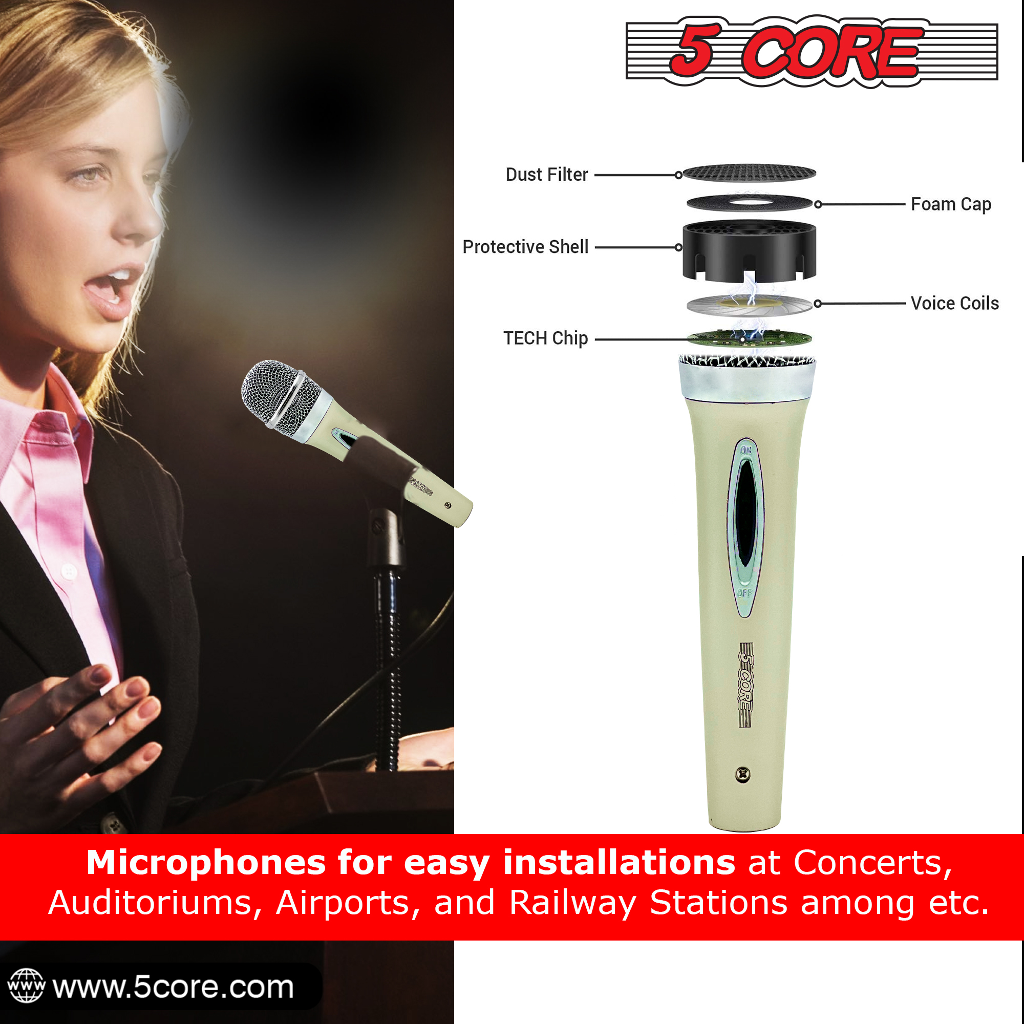 Dynamic microphone with a 3-pin XLR connector and a 12ft cable, designed for live performances and studio recordings.