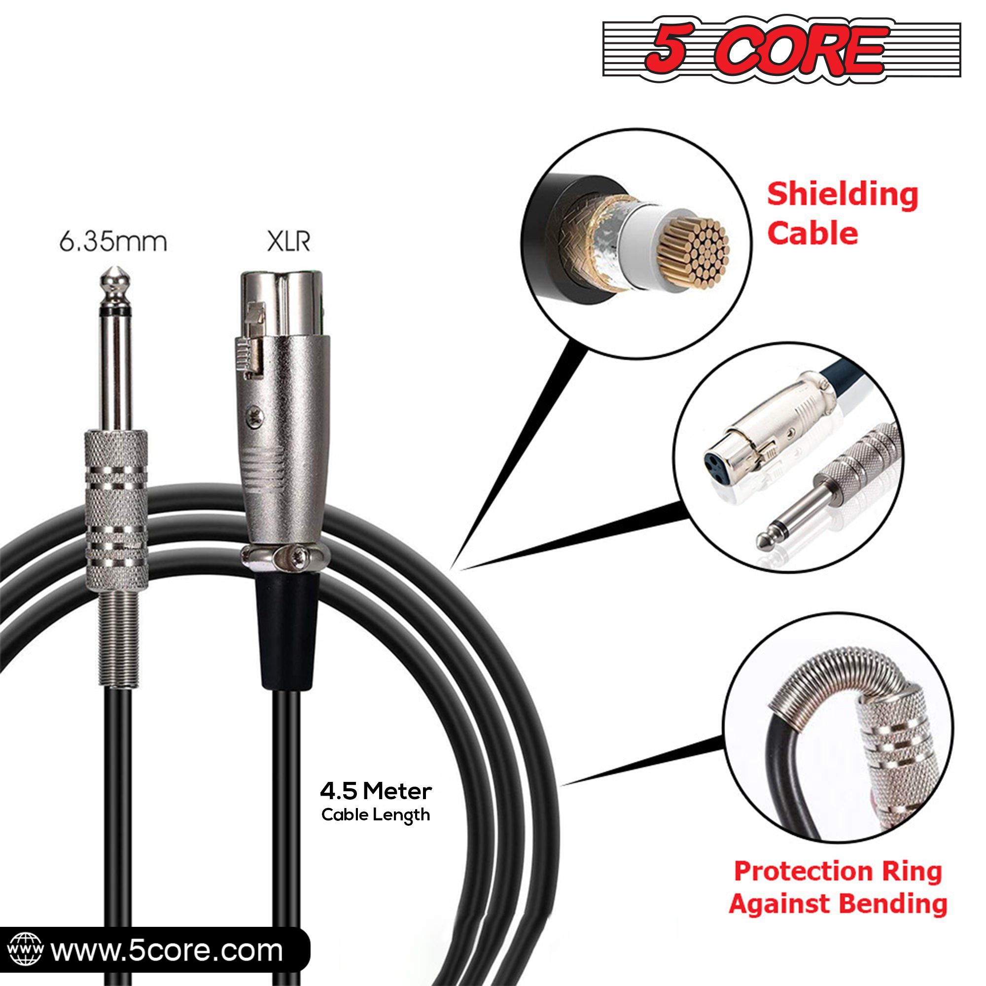 Dynamic microphone with a 3-pin XLR connector and a 12ft cable, designed for live performances and studio recordings.