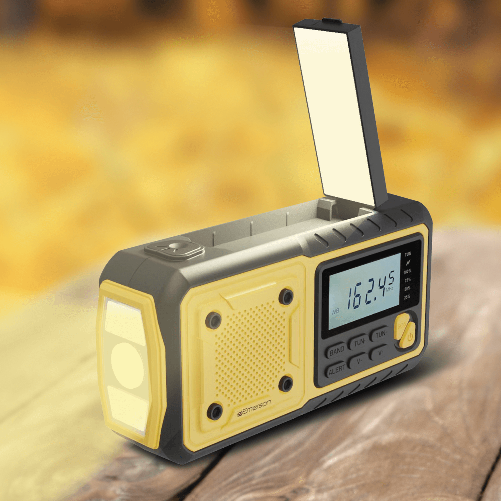 Emerson Emergency AM/FM Radio with Weather Band, Flashlight, and Power Bank, showcasing its compact design and features.