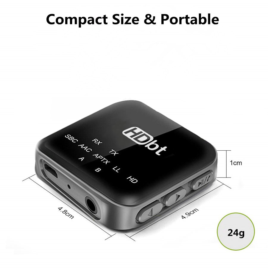 Headphone Lossless Audio Adapter Transceiver showcasing its sleek design and Bluetooth connectivity features.