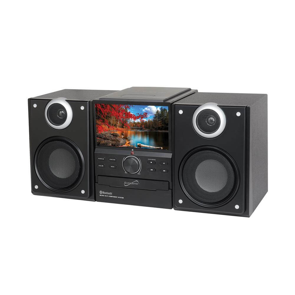 Hi-Fi Audio Micro System featuring Bluetooth connectivity and DVD player with a 7-inch LCD display.