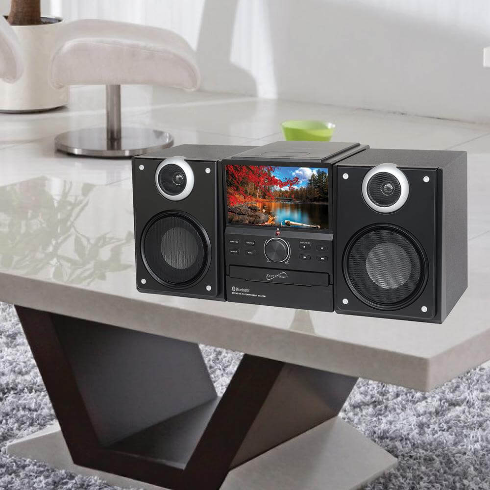 Hi-Fi Audio Micro System featuring Bluetooth connectivity and DVD player with a 7-inch LCD display.