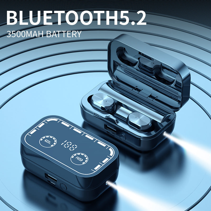 High Battery Wireless Bluetooth Headset with flashlight and touch controls, showcasing sleek design and modern technology.