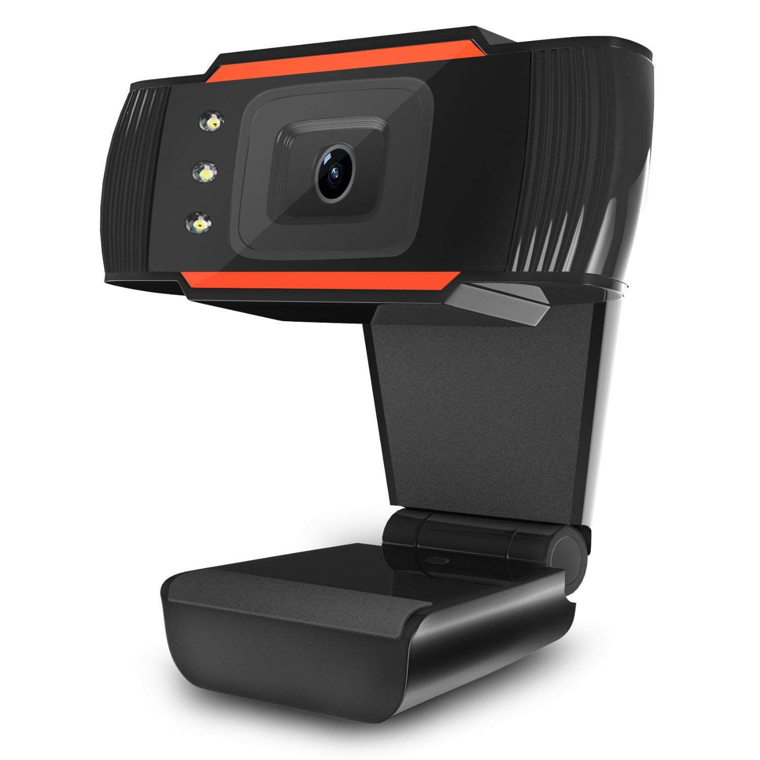 High-definition webcam with adjustable brightness settings, featuring a sleek design and USB connection, ideal for video calls and streaming.