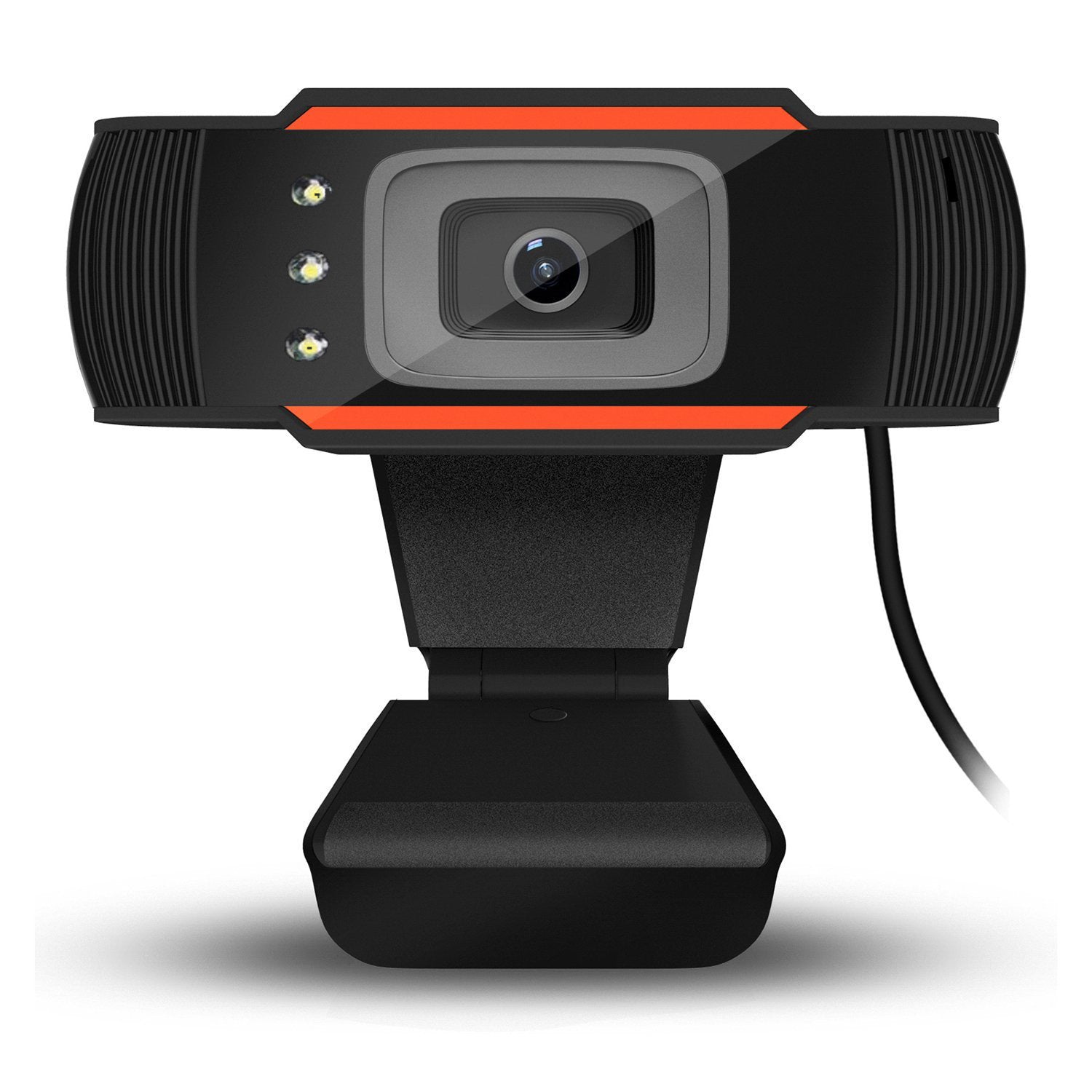 High-definition webcam with adjustable brightness settings, featuring a sleek design and USB connection, ideal for video calls and streaming.