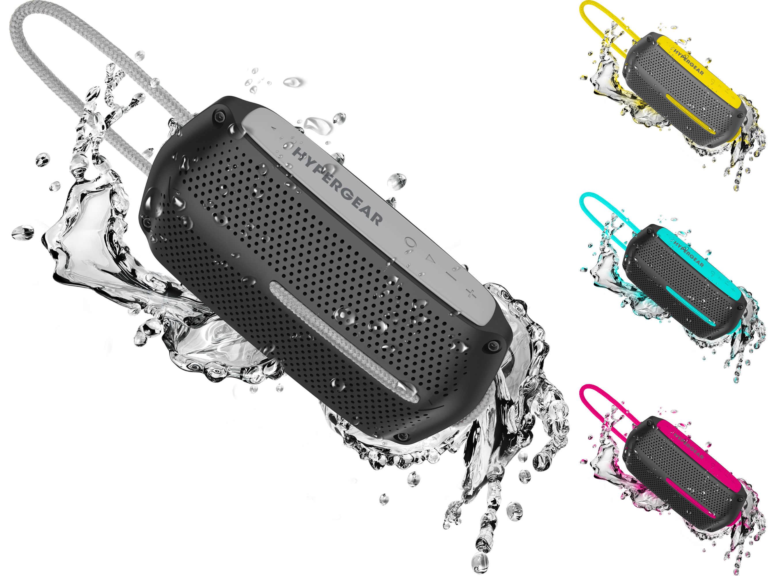 HyperGear Wave Water Resistant Wireless Speaker in a vibrant color, showcasing its compact design and waterproof features, ideal for outdoor adventures.