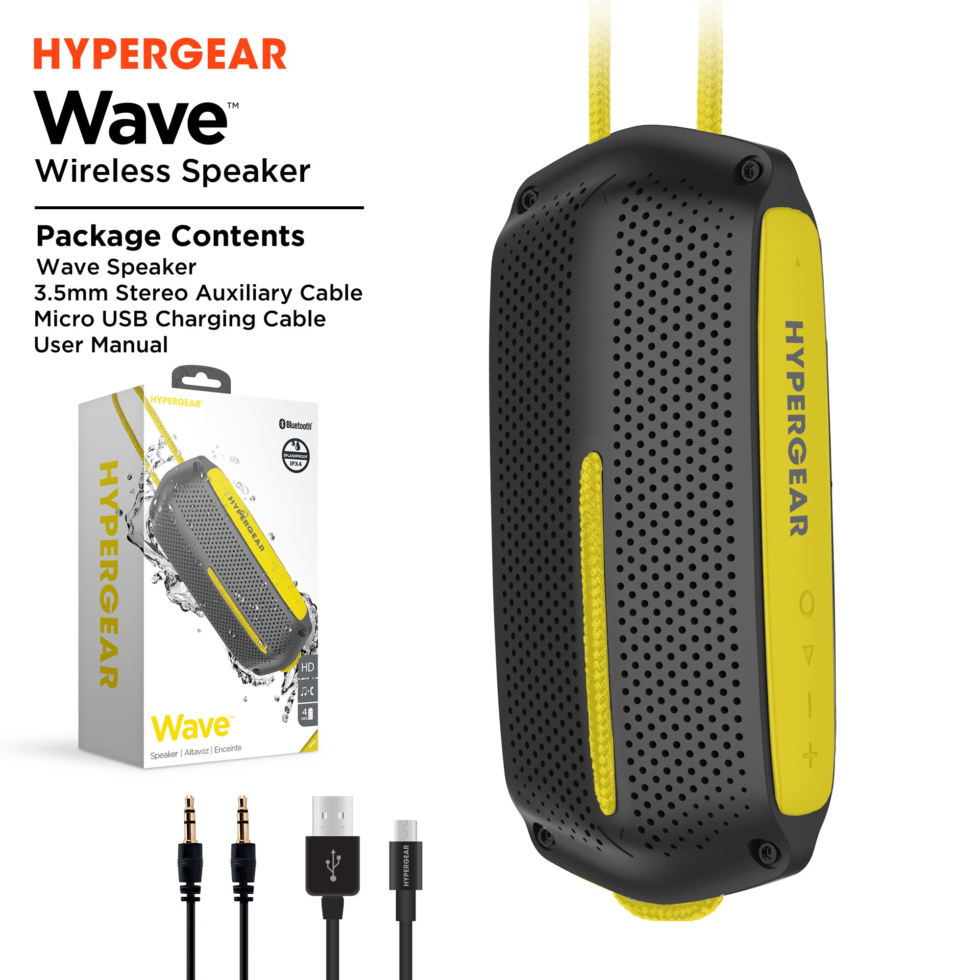 HyperGear Wave Water Resistant Wireless Speaker in a vibrant color, showcasing its compact design and waterproof features, ideal for outdoor adventures.