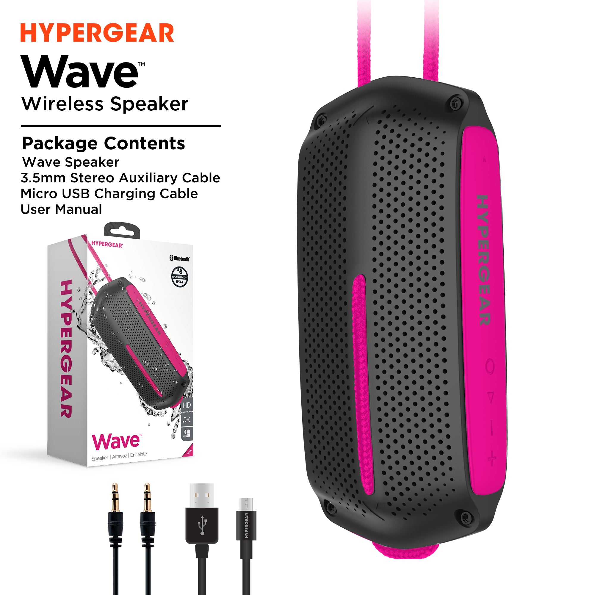 HyperGear Wave Water Resistant Wireless Speaker in a vibrant color, showcasing its compact design and waterproof features, ideal for outdoor adventures.