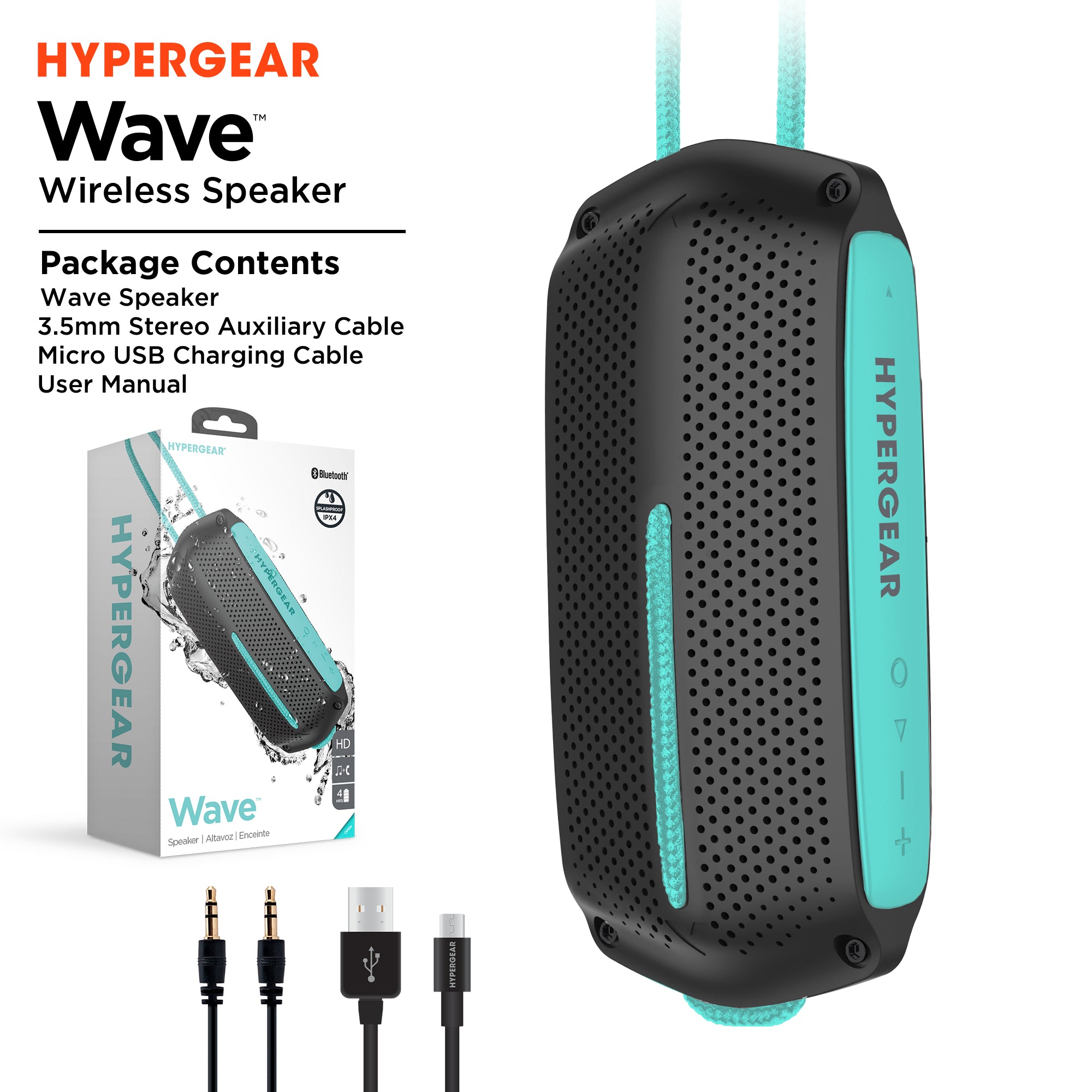 HyperGear Wave Water Resistant Wireless Speaker in a vibrant color, showcasing its compact design and waterproof features, ideal for outdoor adventures.