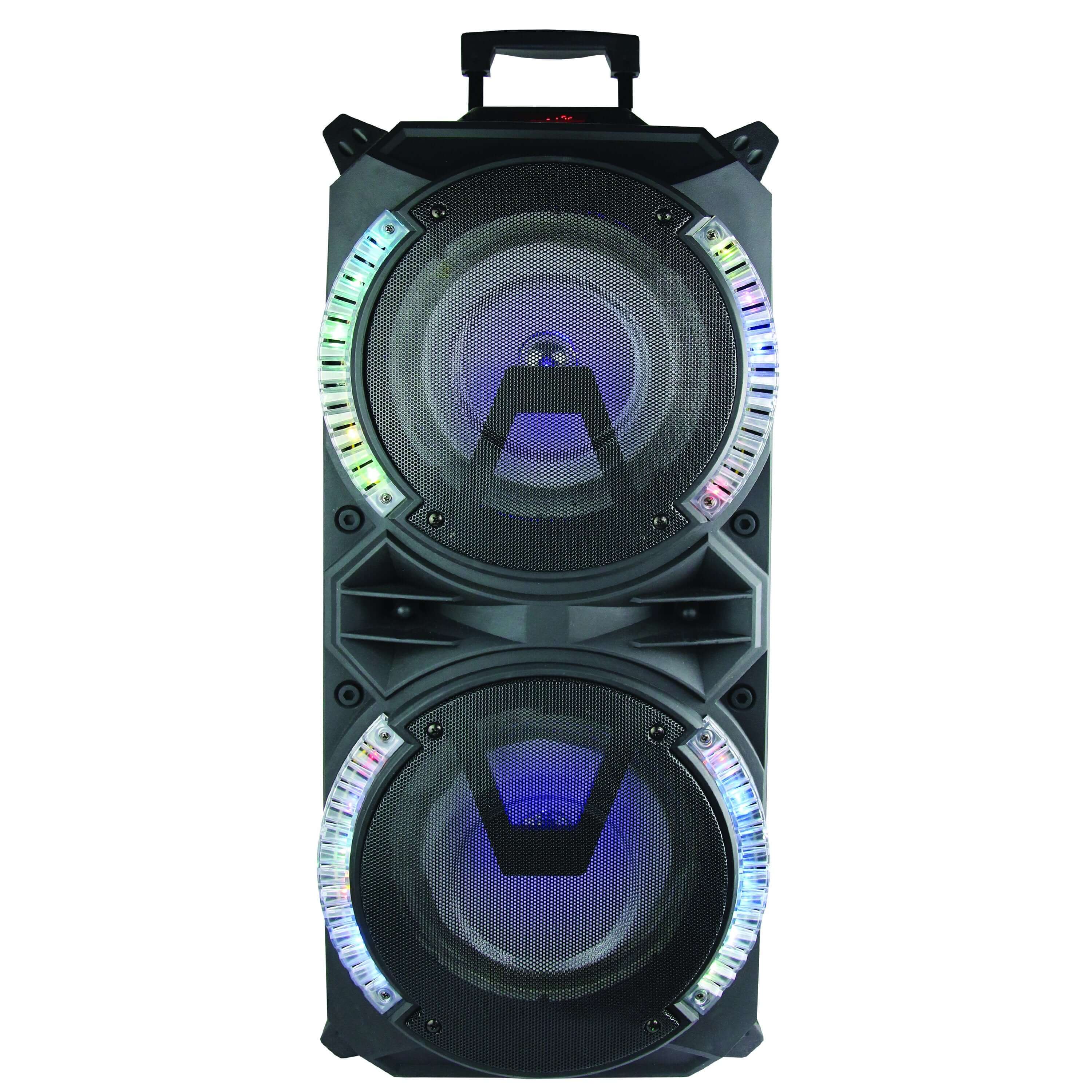 IQSound 2x 8" Tailgate Bluetooth Speaker with dual woofers, remote control, and flashing lights, designed for outdoor use.