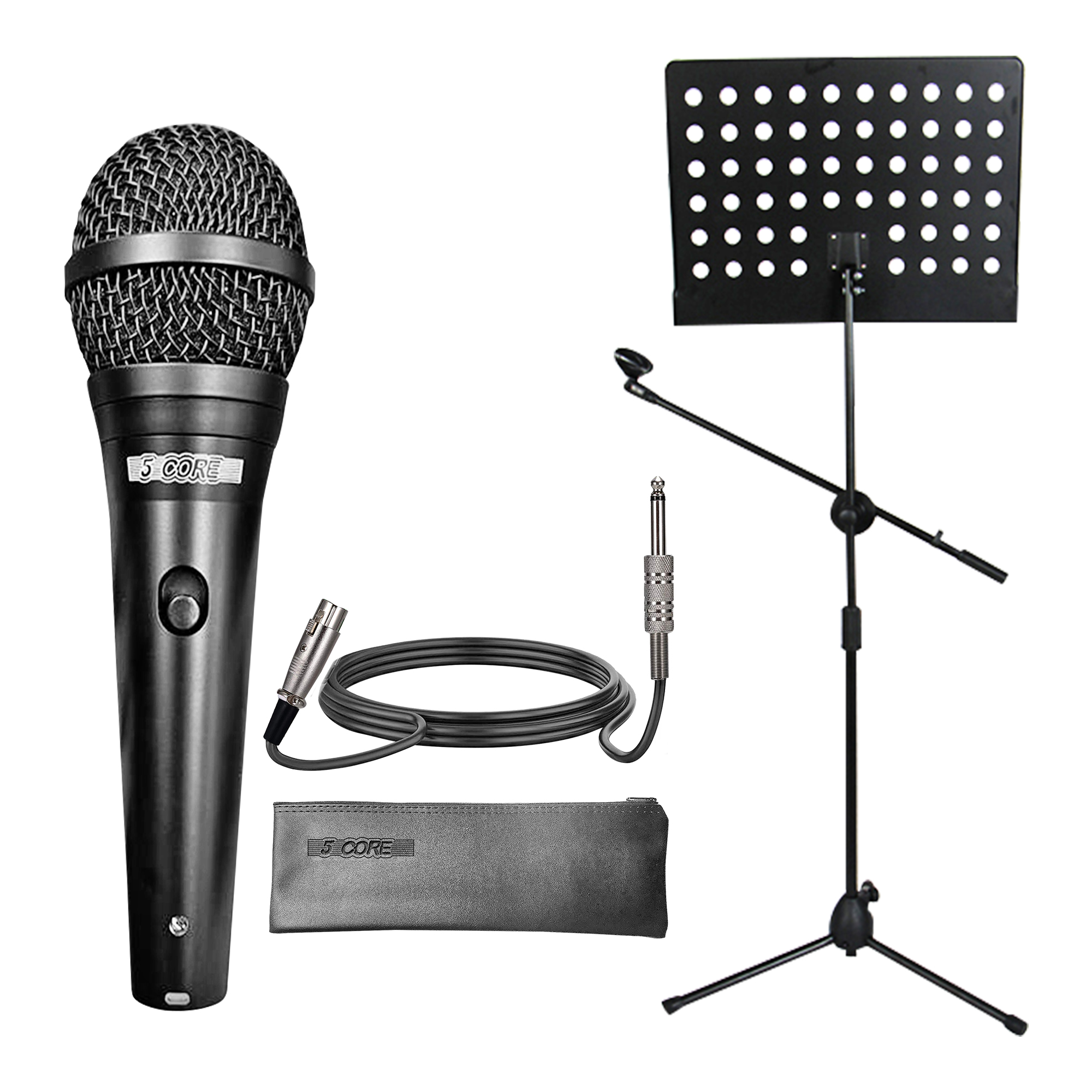 Karaoke Delights MUS MH+ND58BLK, a 2-in-1 music stand and dynamic microphone, showcasing its adjustable features and sturdy design.