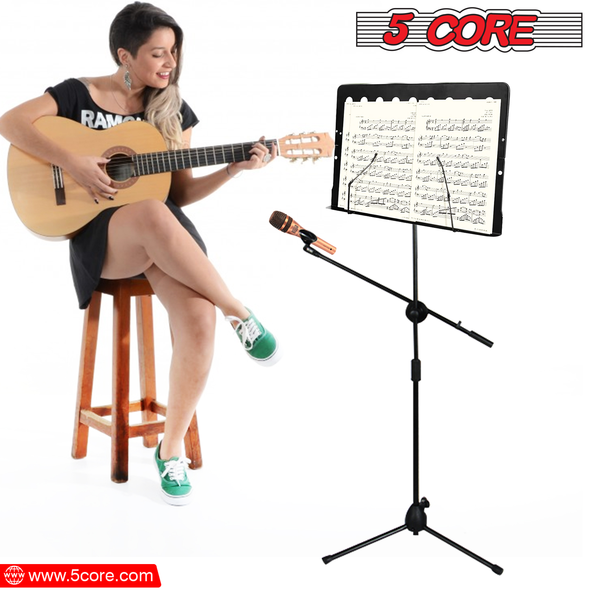 Karaoke Delights MUS MH+ND58BLK, a 2-in-1 music stand and dynamic microphone, showcasing its adjustable features and sturdy design.