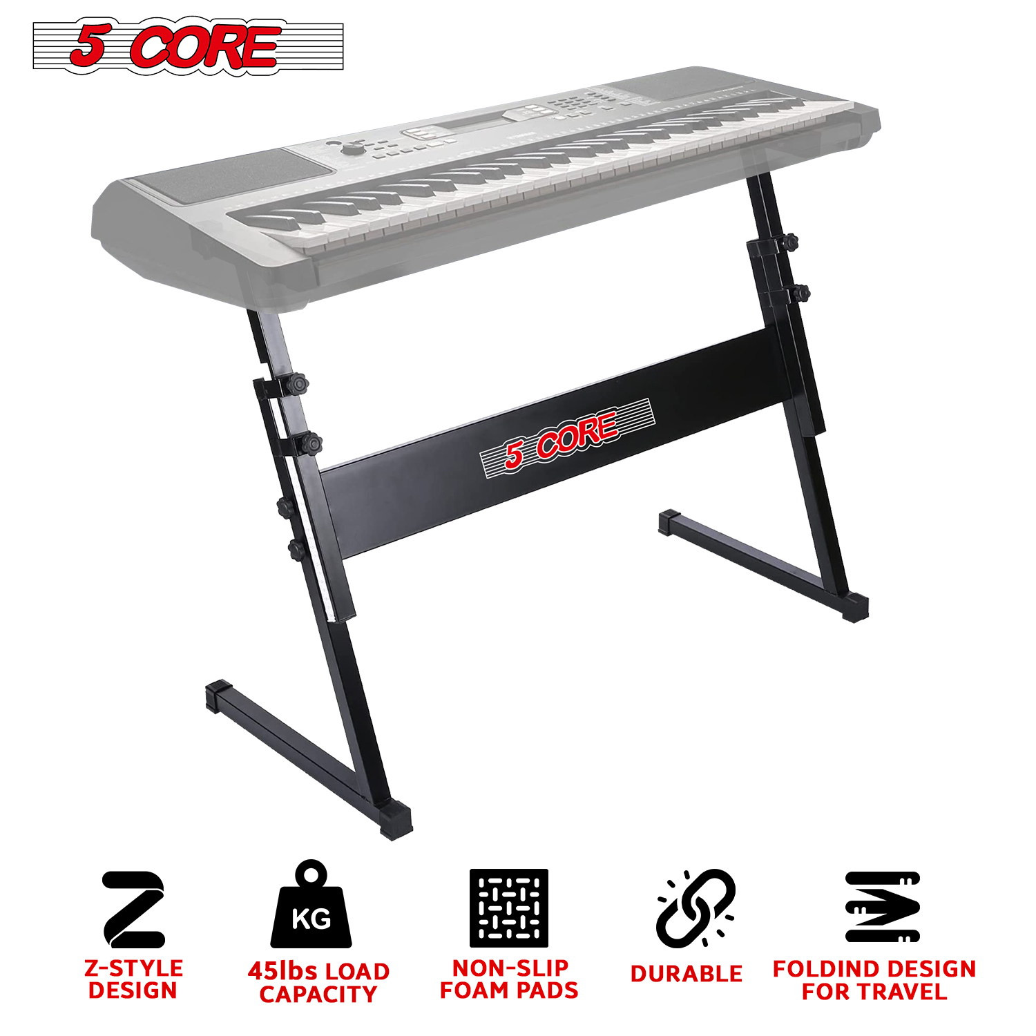 Heavy Duty Folding Keyboard Stand with padded arms and adjustable height, designed for digital pianos and keyboards.