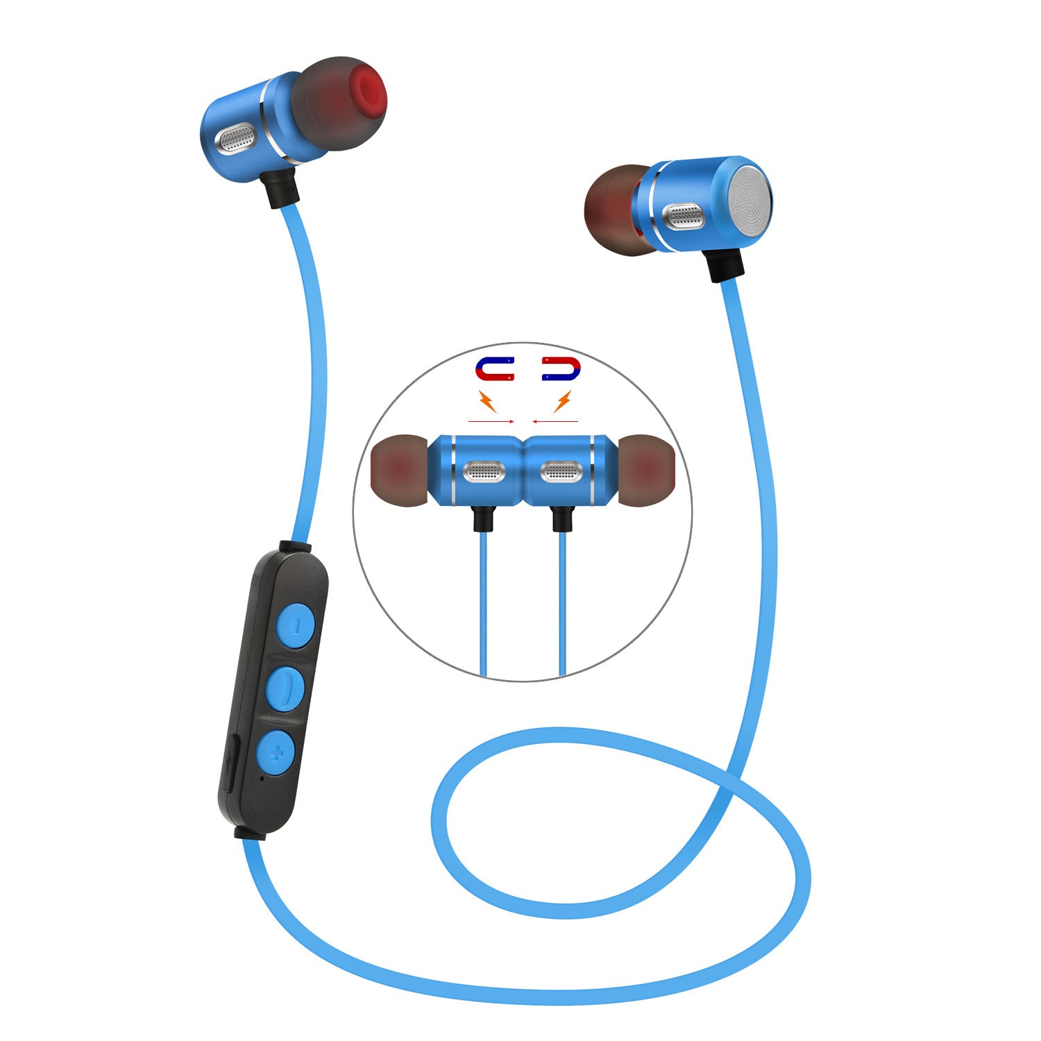 Magnetic Sports Bluetooth Headset in blue color with ergonomic in-ear design, showcasing sleek style and advanced technology.