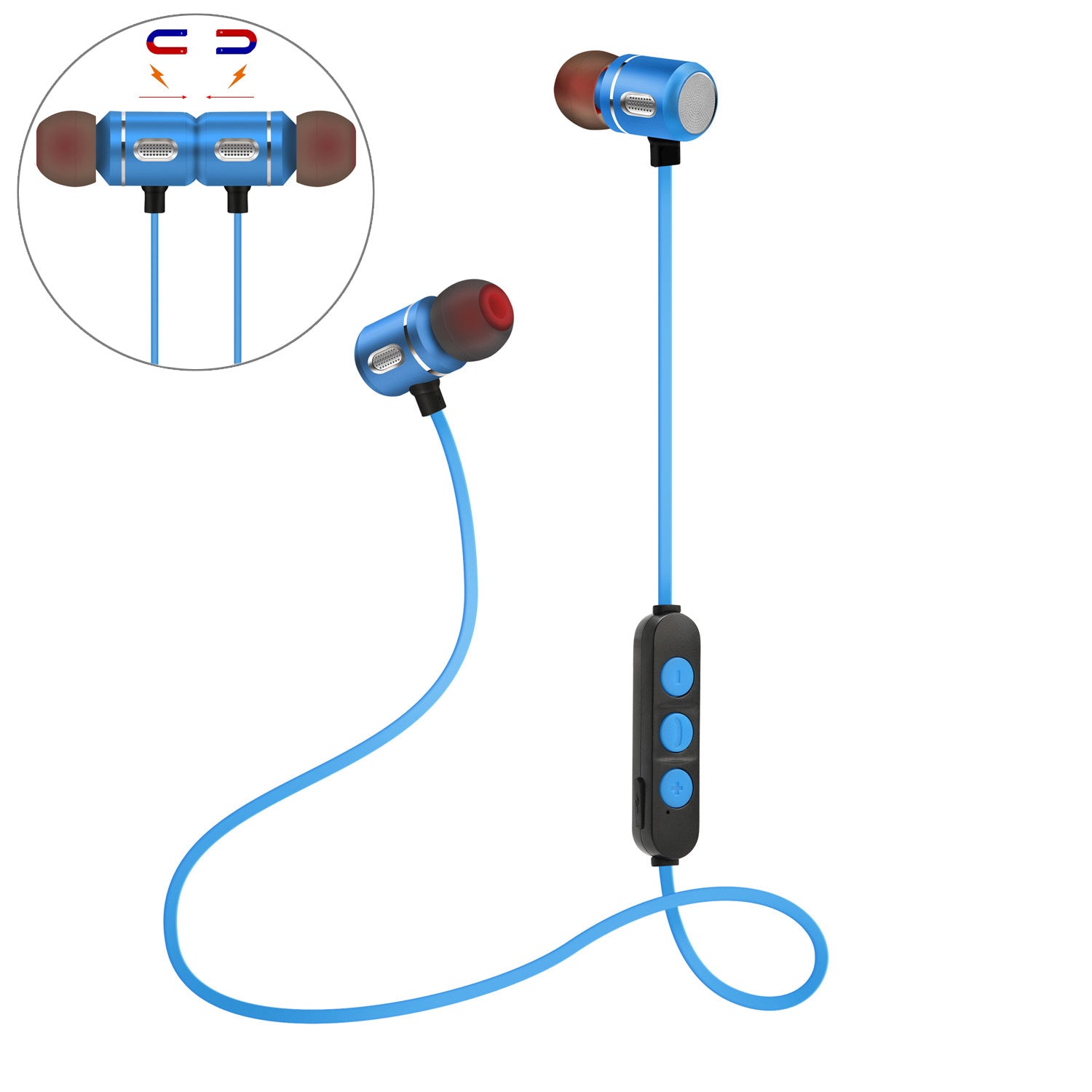 Magnetic Sports Bluetooth Headset in blue color with ergonomic in-ear design, showcasing sleek style and advanced technology.