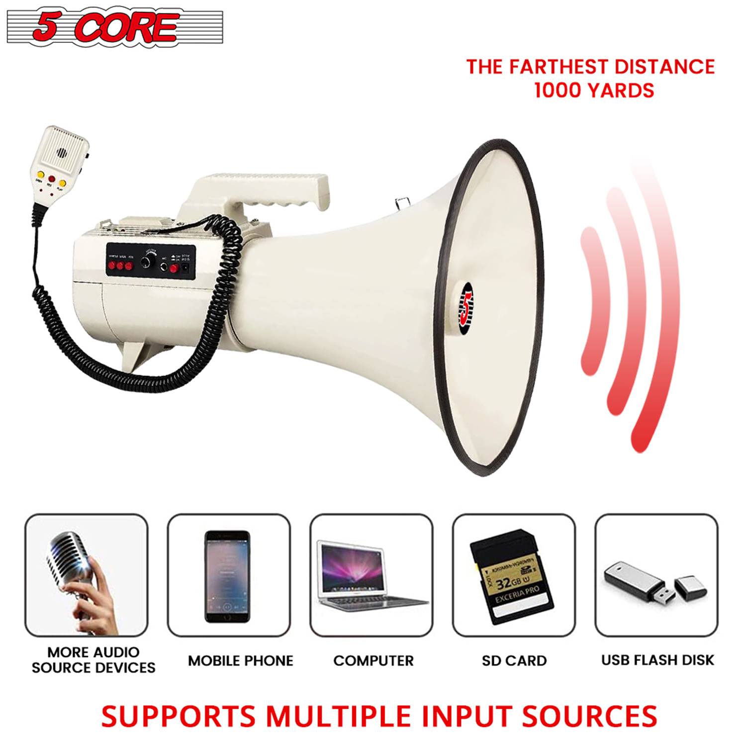 5 Core 4501 USB Megaphone Bullhorn with microphone and siren feature, designed for powerful sound amplification.