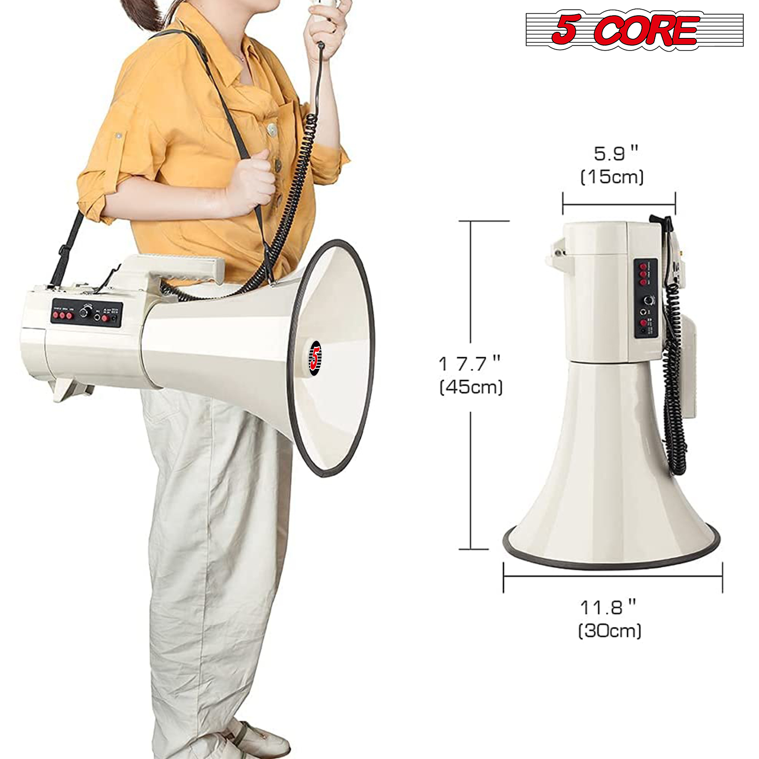 5 Core 4501 USB Megaphone Bullhorn with microphone and siren feature, designed for powerful sound amplification.